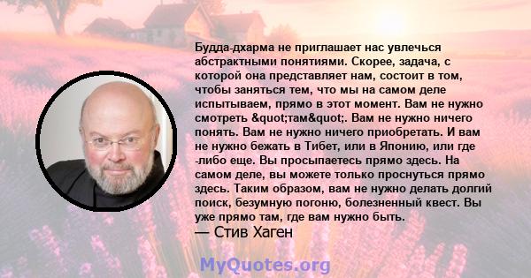 Будда-дхарма не приглашает нас увлечься абстрактными понятиями. Скорее, задача, с которой она представляет нам, состоит в том, чтобы заняться тем, что мы на самом деле испытываем, прямо в этот момент. Вам не нужно