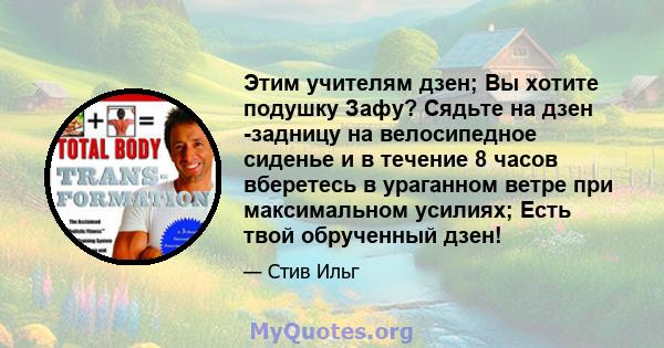 Этим учителям дзен; Вы хотите подушку Зафу? Сядьте на дзен -задницу на велосипедное сиденье и в течение 8 часов вберетесь в ураганном ветре при максимальном усилиях; Есть твой обрученный дзен!