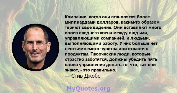 Компании, когда они становятся более миллиардами долларов, каким-то образом теряют свое видение. Они вставляют много слоев среднего звена между людьми, управляющими компанией, и людьми, выполняющими работу. У них больше 