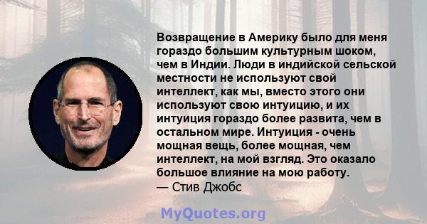 Возвращение в Америку было для меня гораздо большим культурным шоком, чем в Индии. Люди в индийской сельской местности не используют свой интеллект, как мы, вместо этого они используют свою интуицию, и их интуиция