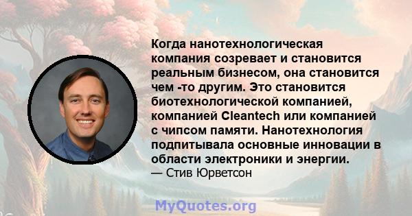 Когда нанотехнологическая компания созревает и становится реальным бизнесом, она становится чем -то другим. Это становится биотехнологической компанией, компанией Cleantech или компанией с чипсом памяти. Нанотехнология