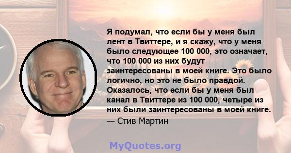 Я подумал, что если бы у меня был лент в Твиттере, и я скажу, что у меня было следующее 100 000, это означает, что 100 000 из них будут заинтересованы в моей книге. Это было логично, но это не было правдой. Оказалось,