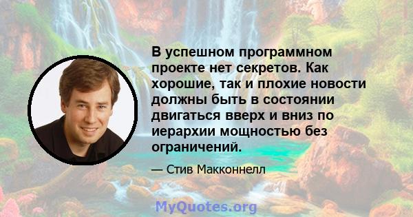 В успешном программном проекте нет секретов. Как хорошие, так и плохие новости должны быть в состоянии двигаться вверх и вниз по иерархии мощностью без ограничений.