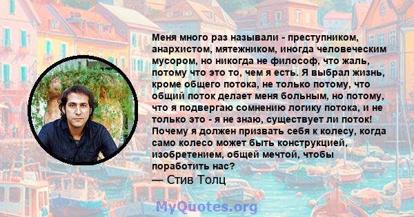 Меня много раз называли - преступником, анархистом, мятежником, иногда человеческим мусором, но никогда не философ, что жаль, потому что это то, чем я есть. Я выбрал жизнь, кроме общего потока, не только потому, что