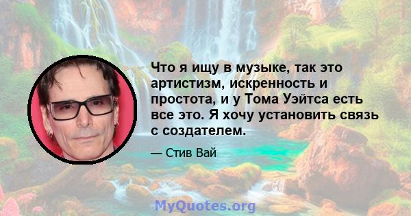 Что я ищу в музыке, так это артистизм, искренность и простота, и у Тома Уэйтса есть все это. Я хочу установить связь с создателем.