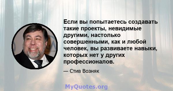 Если вы попытаетесь создавать такие проекты, невидимые другими, настолько совершенными, как и любой человек, вы развиваете навыки, которых нет у других профессионалов.