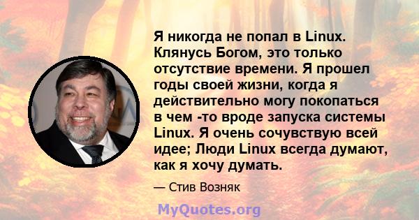 Я никогда не попал в Linux. Клянусь Богом, это только отсутствие времени. Я прошел годы своей жизни, когда я действительно могу покопаться в чем -то вроде запуска системы Linux. Я очень сочувствую всей идее; Люди Linux