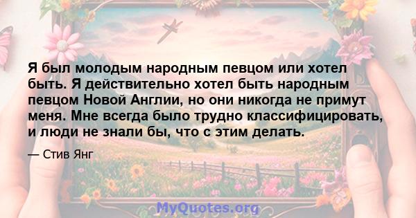 Я был молодым народным певцом или хотел быть. Я действительно хотел быть народным певцом Новой Англии, но они никогда не примут меня. Мне всегда было трудно классифицировать, и люди не знали бы, что с этим делать.