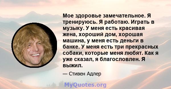 Мое здоровье замечательное. Я тренируюсь. Я работаю. Играть в музыку. У меня есть красивая жена, хороший дом, хорошая машина, у меня есть деньги в банке. У меня есть три прекрасных собаки, которые меня любят. Как я уже