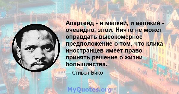 Апартеид - и мелкий, и великий - очевидно, злой. Ничто не может оправдать высокомерное предположение о том, что клика иностранцев имеет право принять решение о жизни большинства.