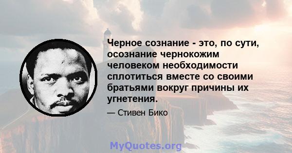 Черное сознание - это, по сути, осознание чернокожим человеком необходимости сплотиться вместе со своими братьями вокруг причины их угнетения.