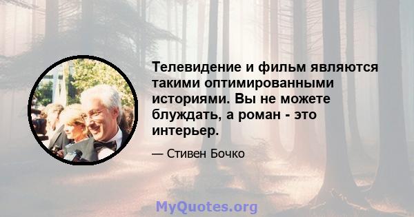 Телевидение и фильм являются такими оптимированными историями. Вы не можете блуждать, а роман - это интерьер.