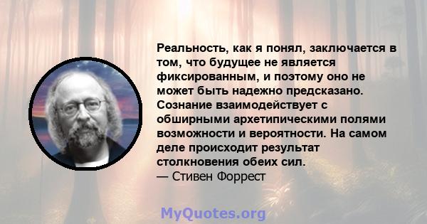 Реальность, как я понял, заключается в том, что будущее не является фиксированным, и поэтому оно не может быть надежно предсказано. Сознание взаимодействует с обширными архетипическими полями возможности и вероятности.