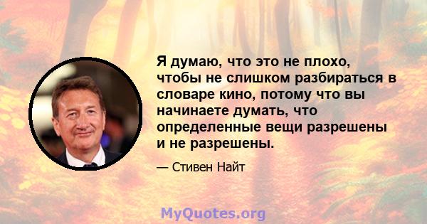 Я думаю, что это не плохо, чтобы не слишком разбираться в словаре кино, потому что вы начинаете думать, что определенные вещи разрешены и не разрешены.