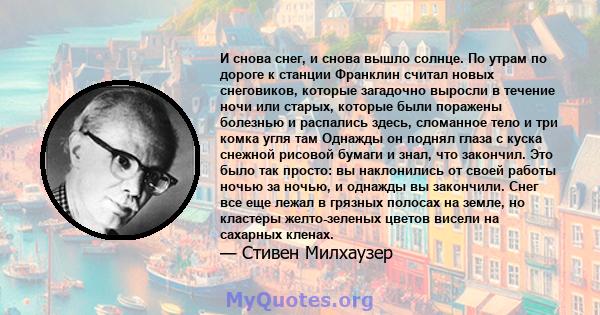 И снова снег, и снова вышло солнце. По утрам по дороге к станции Франклин считал новых снеговиков, которые загадочно выросли в течение ночи или старых, которые были поражены болезнью и распались здесь, сломанное тело и