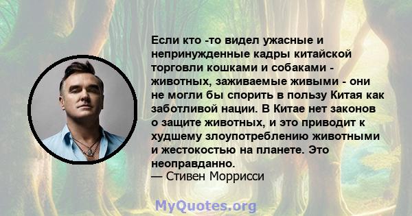 Если кто -то видел ужасные и непринужденные кадры китайской торговли кошками и собаками - животных, заживаемые живыми - они не могли бы спорить в пользу Китая как заботливой нации. В Китае нет законов о защите животных, 