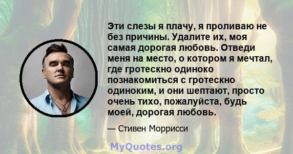 Эти слезы я плачу, я проливаю не без причины. Удалите их, моя самая дорогая любовь. Отведи меня на место, о котором я мечтал, где гротескно одиноко познакомиться с гротескно одиноким, и они шептают, просто очень тихо,