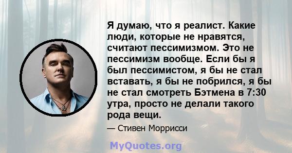 Я думаю, что я реалист. Какие люди, которые не нравятся, считают пессимизмом. Это не пессимизм вообще. Если бы я был пессимистом, я бы не стал вставать, я бы не побрился, я бы не стал смотреть Бэтмена в 7:30 утра,