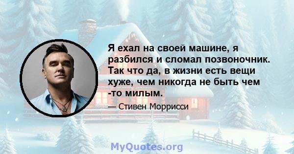 Я ехал на своей машине, я разбился и сломал позвоночник. Так что да, в жизни есть вещи хуже, чем никогда не быть чем -то милым.