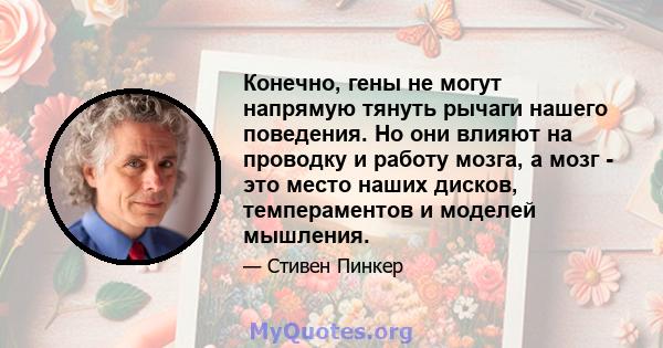 Конечно, гены не могут напрямую тянуть рычаги нашего поведения. Но они влияют на проводку и работу мозга, а мозг - это место наших дисков, темпераментов и моделей мышления.