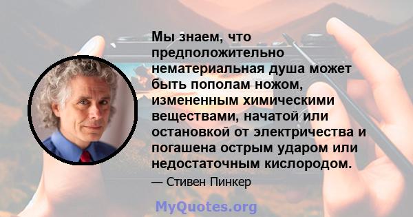 Мы знаем, что предположительно нематериальная душа может быть пополам ножом, измененным химическими веществами, начатой ​​или остановкой от электричества и погашена острым ударом или недостаточным кислородом.