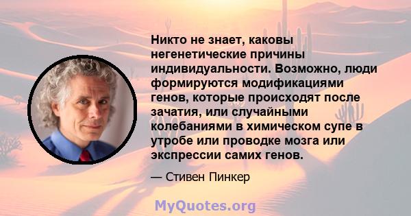 Никто не знает, каковы негенетические причины индивидуальности. Возможно, люди формируются модификациями генов, которые происходят после зачатия, или случайными колебаниями в химическом супе в утробе или проводке мозга