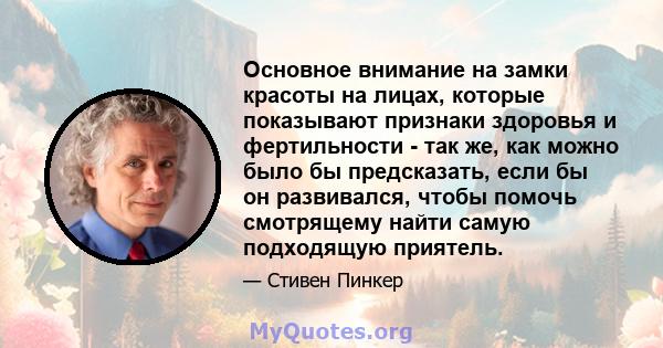 Основное внимание на замки красоты на лицах, которые показывают признаки здоровья и фертильности - так же, как можно было бы предсказать, если бы он развивался, чтобы помочь смотрящему найти самую подходящую приятель.