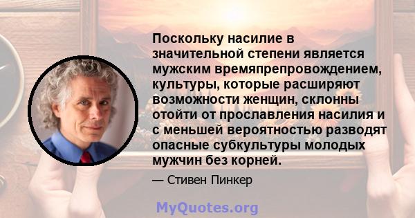 Поскольку насилие в значительной степени является мужским времяпрепровождением, культуры, которые расширяют возможности женщин, склонны отойти от прославления насилия и с меньшей вероятностью разводят опасные