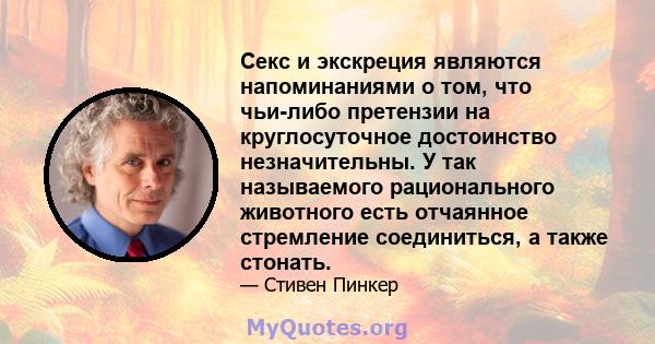 Секс и экскреция являются напоминаниями о том, что чьи-либо претензии на круглосуточное достоинство незначительны. У так называемого рационального животного есть отчаянное стремление соединиться, а также стонать.