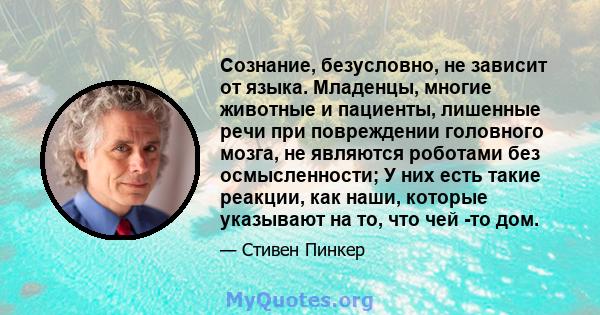 Сознание, безусловно, не зависит от языка. Младенцы, многие животные и пациенты, лишенные речи при повреждении головного мозга, не являются роботами без осмысленности; У них есть такие реакции, как наши, которые