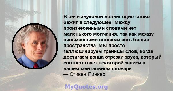 В речи звуковой волны одно слово бежит в следующее; Между произнесенными словами нет маленького молчания, так как между письменными словами есть белые пространства. Мы просто галлюцинируем границы слов, когда достигаем