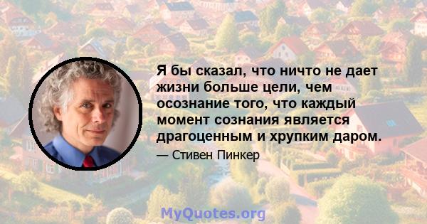 Я бы сказал, что ничто не дает жизни больше цели, чем осознание того, что каждый момент сознания является драгоценным и хрупким даром.