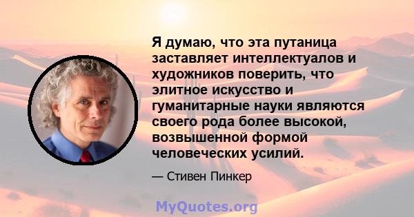 Я думаю, что эта путаница заставляет интеллектуалов и художников поверить, что элитное искусство и гуманитарные науки являются своего рода более высокой, возвышенной формой человеческих усилий.