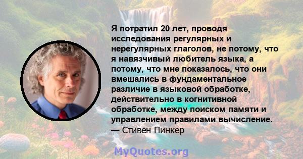 Я потратил 20 лет, проводя исследования регулярных и нерегулярных глаголов, не потому, что я навязчивый любитель языка, а потому, что мне показалось, что они вмешались в фундаментальное различие в языковой обработке,