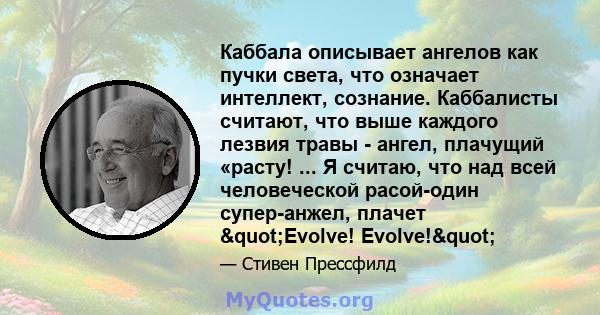 Каббала описывает ангелов как пучки света, что означает интеллект, сознание. Каббалисты считают, что выше каждого лезвия травы - ангел, плачущий «расту! ... Я считаю, что над всей человеческой расой-один супер-анжел,