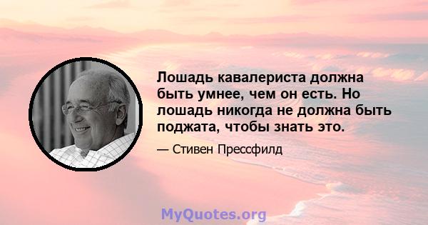 Лошадь кавалериста должна быть умнее, чем он есть. Но лошадь никогда не должна быть поджата, чтобы знать это.