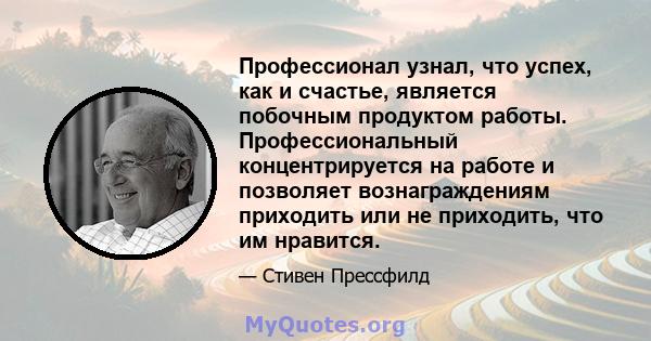 Профессионал узнал, что успех, как и счастье, является побочным продуктом работы. Профессиональный концентрируется на работе и позволяет вознаграждениям приходить или не приходить, что им нравится.