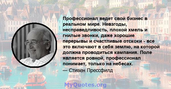 Профессионал ведет свой бизнес в реальном мире. Невзгоды, несправедливость, плохой хмель и гнилые звонки, даже хорошие перерывы и счастливые отскоки - все это включают в себя землю, на которой должна проводиться