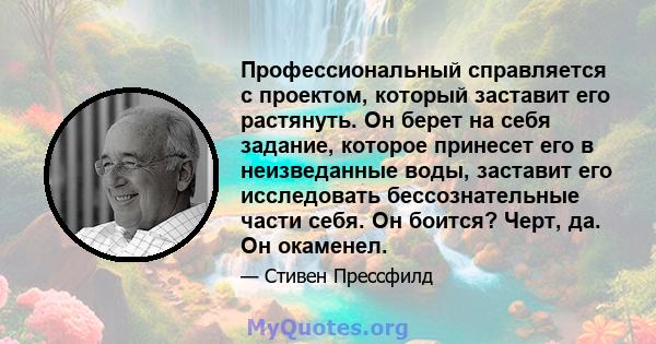 Профессиональный справляется с проектом, который заставит его растянуть. Он берет на себя задание, которое принесет его в неизведанные воды, заставит его исследовать бессознательные части себя. Он боится? Черт, да. Он