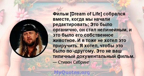 Фильм [Dream of Life] собрался вместе, когда мы начали редактировать; Это было органично, он стал нелинейным, и это было его собственное животное. И я тоже не хотел это приручить. Я хотел, чтобы это было по -другому.