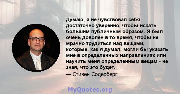 Думаю, я не чувствовал себя достаточно уверенно, чтобы искать большим публичным образом. Я был очень доволен в то время, чтобы не мрачно трудиться над вещами, которые, как я думал, могли бы указать мне в определенных