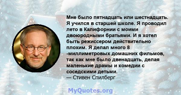 Мне было пятнадцать или шестнадцать. Я учился в старшей школе. Я проводил лето в Калифорнии с моими двоюродными братьями. И я хотел быть режиссером действительно плохим. Я делал много 8 -миллиметровых домашних фильмов,