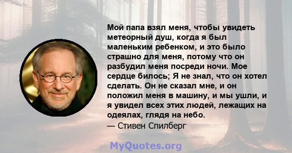 Мой папа взял меня, чтобы увидеть метеорный душ, когда я был маленьким ребенком, и это было страшно для меня, потому что он разбудил меня посреди ночи. Мое сердце билось; Я не знал, что он хотел сделать. Он не сказал