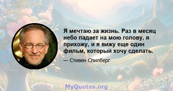 Я мечтаю за жизнь. Раз в месяц небо падает на мою голову, я прихожу, и я вижу еще один фильм, который хочу сделать.