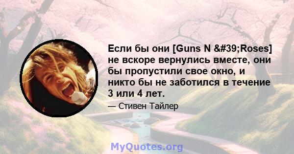 Если бы они [Guns N 'Roses] не вскоре вернулись вместе, они бы пропустили свое окно, и никто бы не заботился в течение 3 или 4 лет.