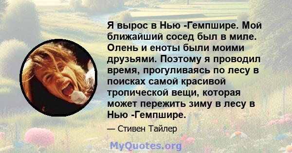 Я вырос в Нью -Гемпшире. Мой ближайший сосед был в миле. Олень и еноты были моими друзьями. Поэтому я проводил время, прогуливаясь по лесу в поисках самой красивой тропической вещи, которая может пережить зиму в лесу в