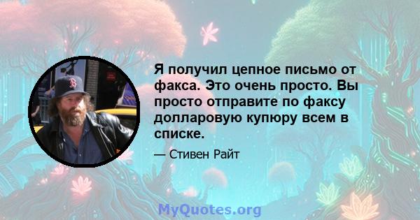 Я получил цепное письмо от факса. Это очень просто. Вы просто отправите по факсу долларовую купюру всем в списке.