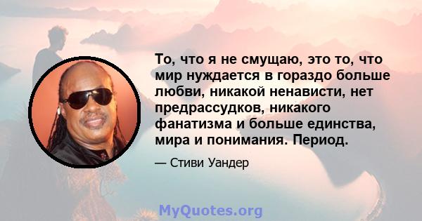 То, что я не смущаю, это то, что мир нуждается в гораздо больше любви, никакой ненависти, нет предрассудков, никакого фанатизма и больше единства, мира и понимания. Период.