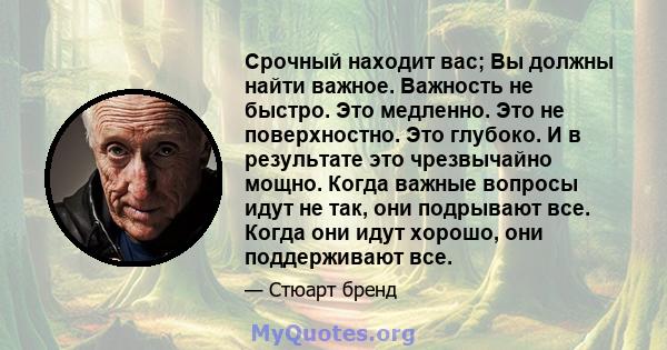 Срочный находит вас; Вы должны найти важное. Важность не быстро. Это медленно. Это не поверхностно. Это глубоко. И в результате это чрезвычайно мощно. Когда важные вопросы идут не так, они подрывают все. Когда они идут