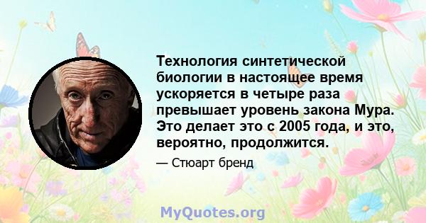 Технология синтетической биологии в настоящее время ускоряется в четыре раза превышает уровень закона Мура. Это делает это с 2005 года, и это, вероятно, продолжится.